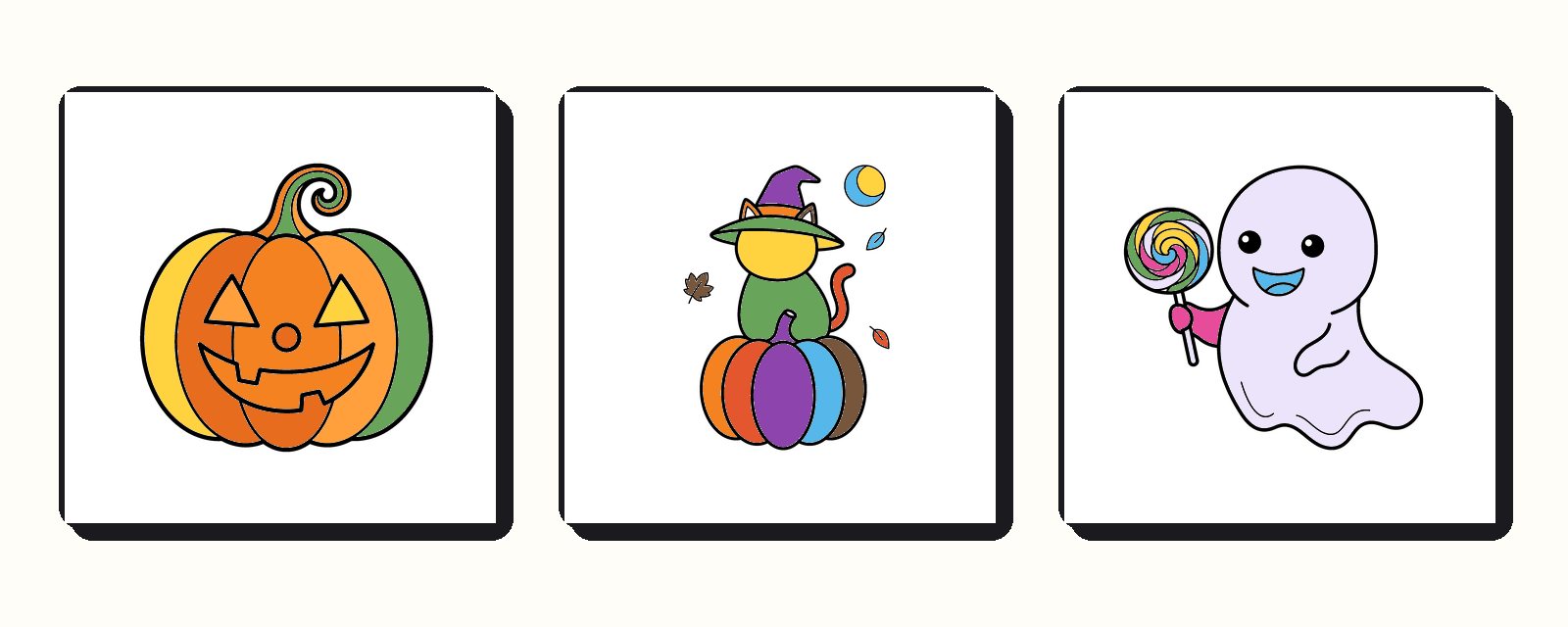 Three finished pages, a pumpkin, a witch cat on a pumpkin and a ghost with a lollipop, colored in from a bold and easy coloring book