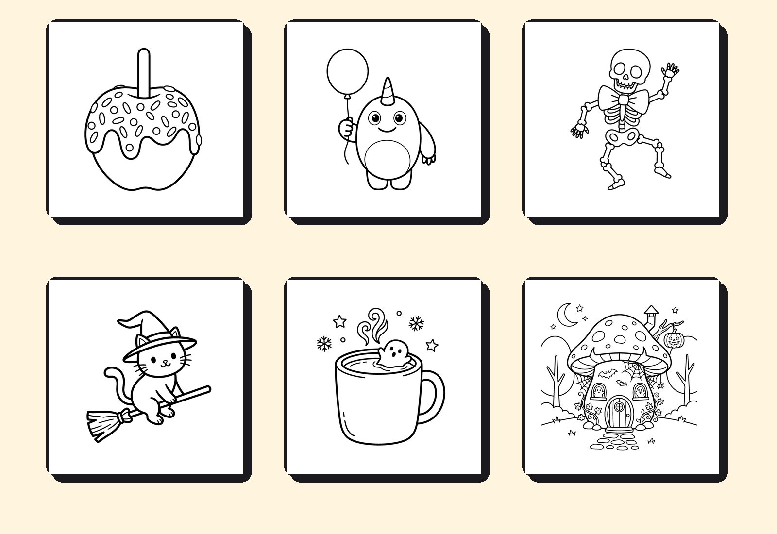 Six cozy cute Halloween pages, a caramel apple, a friendly monster, a dancing skeleton, a witch cat, hot cocoa and a mushroom house from a bold and easy coloring book
