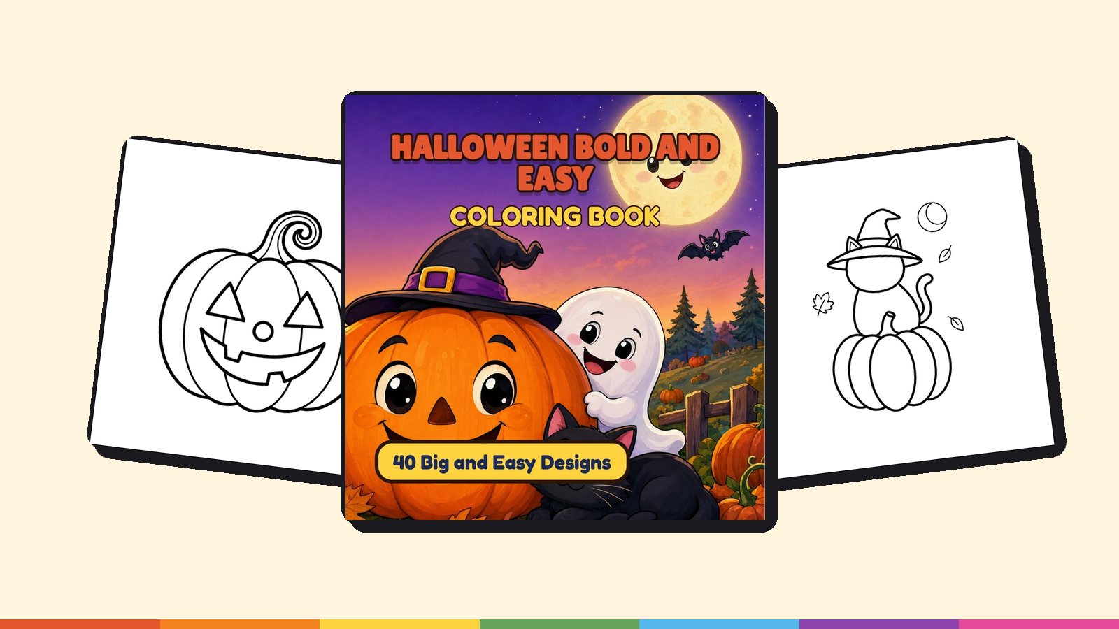 The Halloween Bold and Easy cover with a smiling pumpkin, ghost and black cat between two interior pages, a bold and easy coloring book