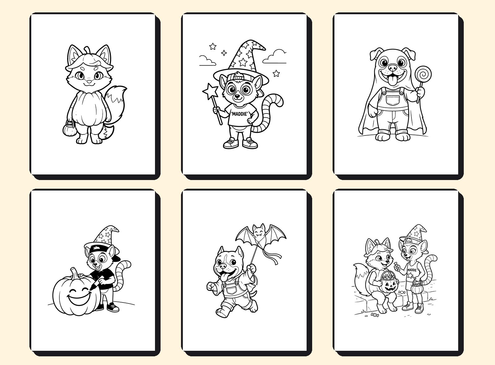 Rusty, Maddie and Illy in their costumes on six pages from a halloween coloring book for kids
