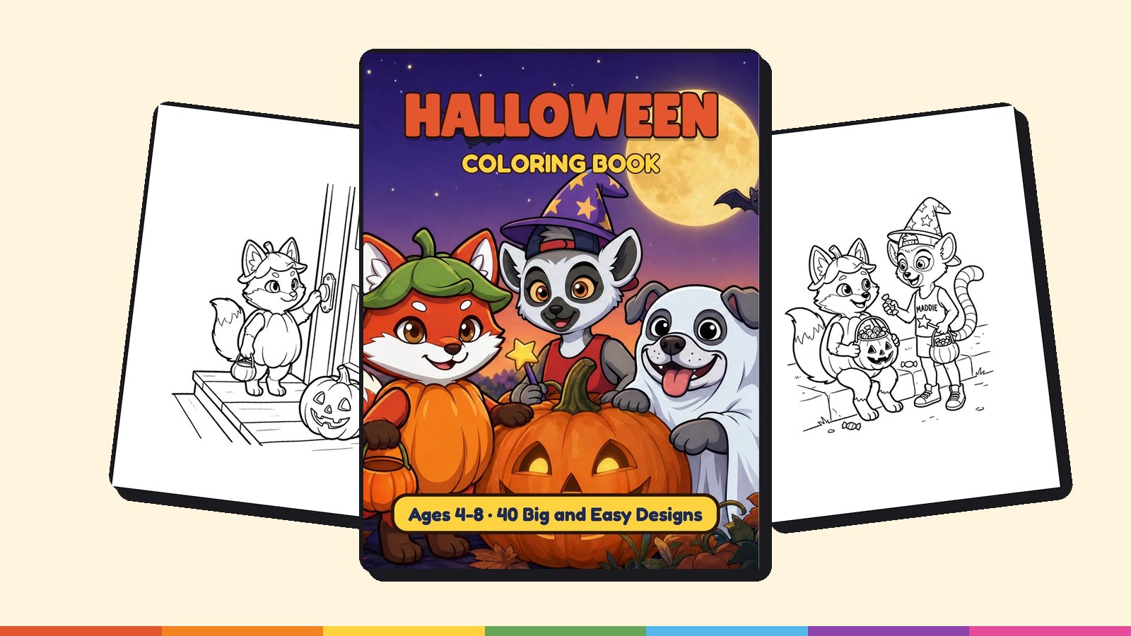 The Imagination Press cover with Rusty, Maddie and Illy in costume between two interior pages, a halloween coloring book for kids
