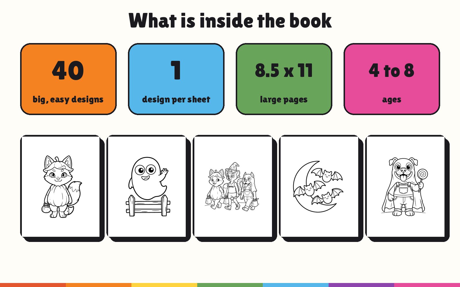 What is inside a halloween coloring book for kids: 40 designs, one design per sheet, 8.5 x 11 pages, ages 4 to 8
