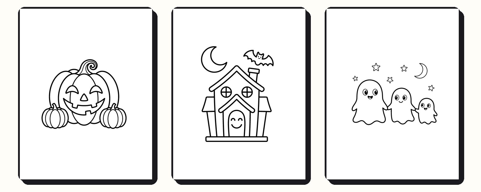 A smiling jack-o’-lantern, a cozy haunted house and a ghost family, seasonal pages from a halloween coloring book for kids