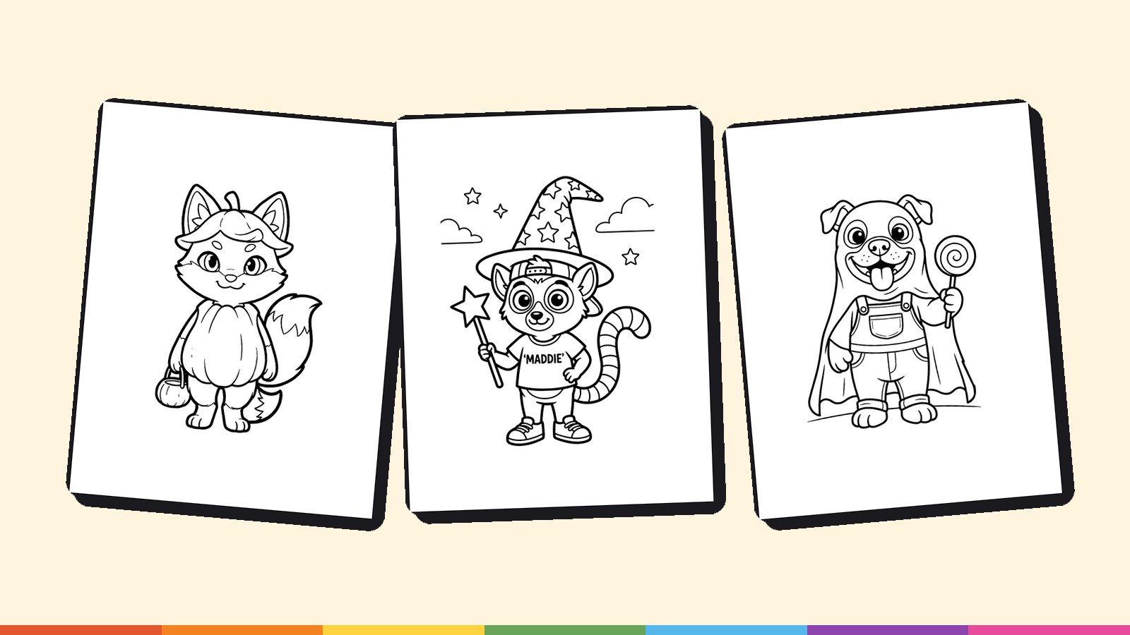 Rusty Fox in a pumpkin costume, Maddie as a wizard and Illy in a cape, three halloween coloring pages for kids