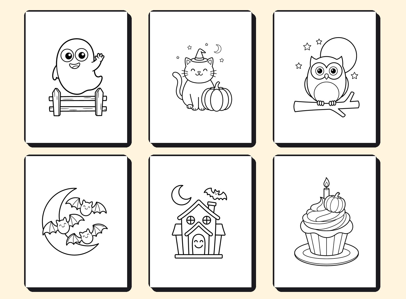 A friendly ghost, a cat in a witch hat and bats on the moon, not-scary halloween coloring pages for kids