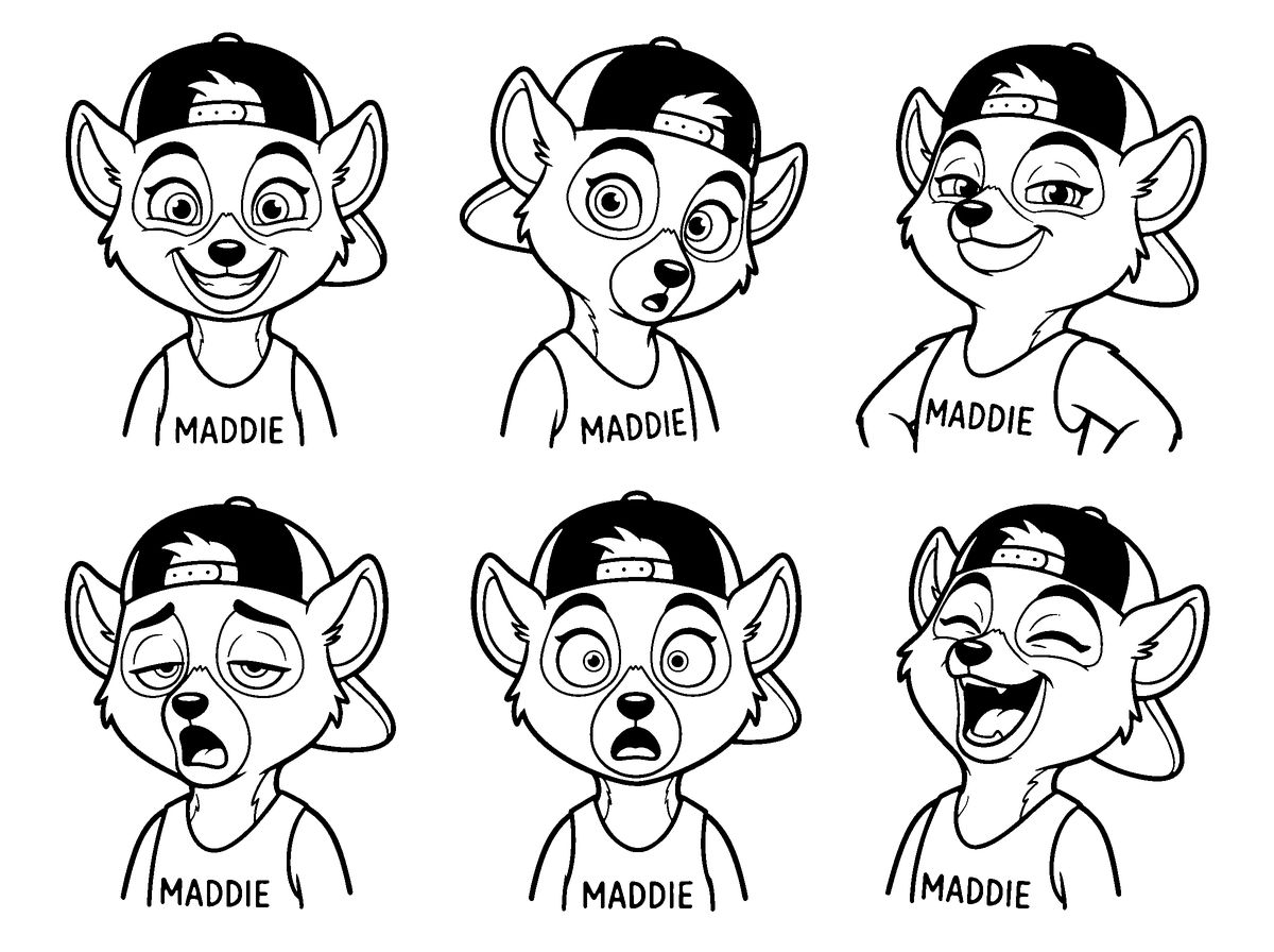 Maddie's faces: happy, curious, proud and sleepy