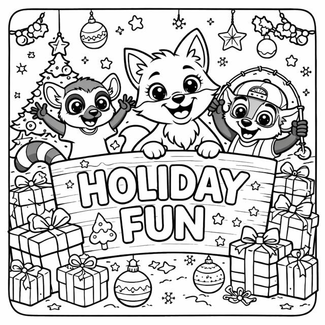 Holiday Fun coloring page with Maddie, Rusty and a friend
